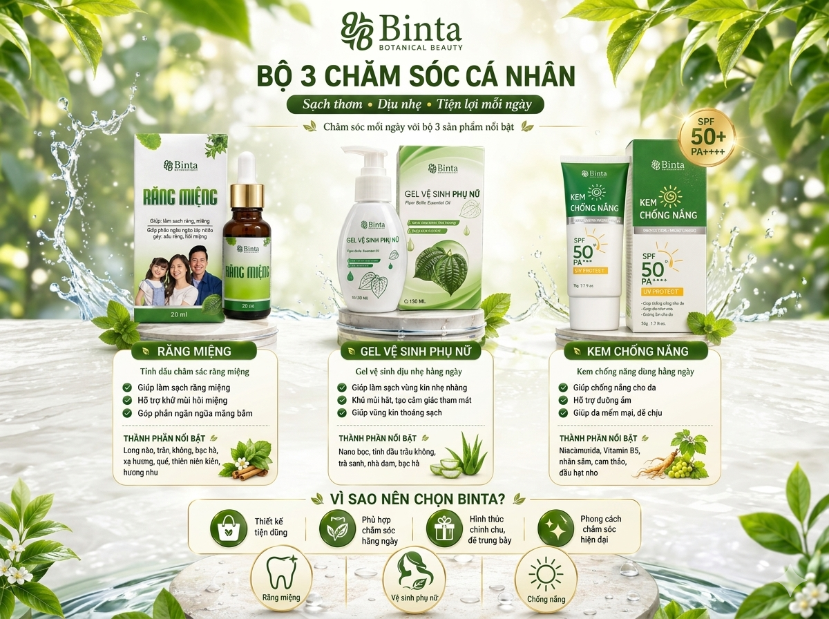BỘ 3 CHĂM SÓC CÁ NHÂN BINTA SẠCH THƠM DỊU NHẸ TIỆN LỢI MỖI NGÀY