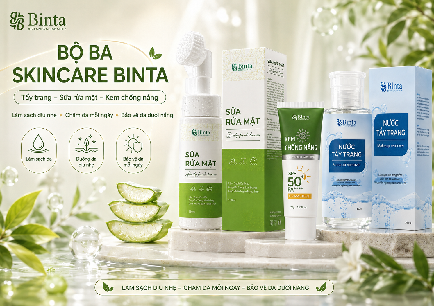 Bộ Ba Skincare Binta: Tẩy Trang, Sữa Rửa Mặt Và Kem Chống Nắng Cho Làn Da Sạch Khỏe Mỗi Ngày
